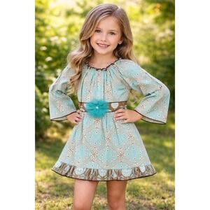 Girls Ann Loren by Jess Kids Dress Size 6 Teal Brown Cotton Long Sleeve Boutique
